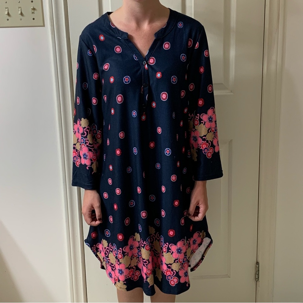 🌷3 for $25🌷R&B Collection, US 1X, Navy & Pink Floral Pocketed Long Sleeve Dress